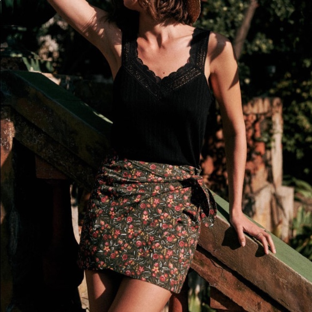 Sézane Pacome Skirt - Khaki Flower, Size 36/US 4